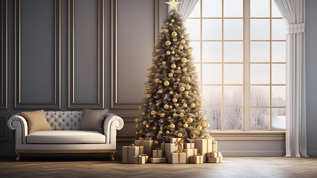 Intérieur de rendu 3D primé avec arbre de Noël