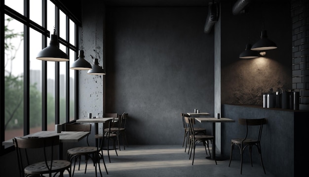 Intérieur de restaurant loft sombre avec mobilier moderne et plante Generative AI