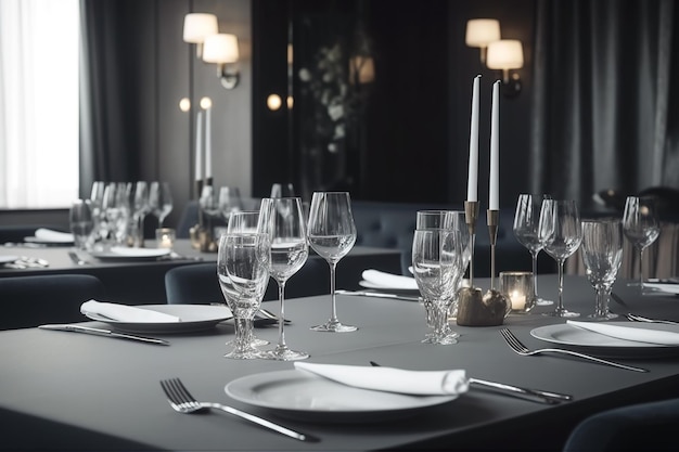 Intérieur d'un restaurant de luxe moderne servi à table dans une salle vide IA générative