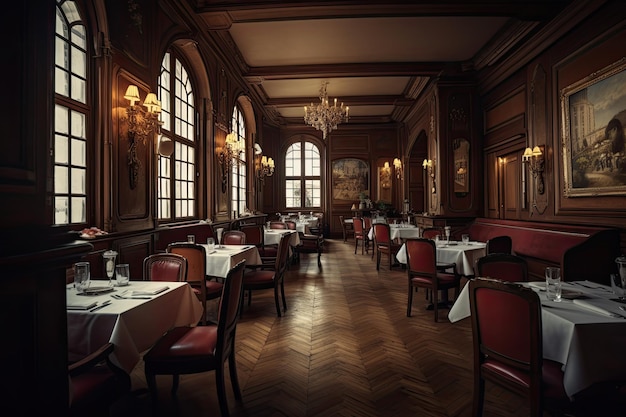 Intérieur d'un restaurant de luxe avec tables et chaises aux tons Un grand restaurant de style français vue intérieure sans clients Généré par l'IA