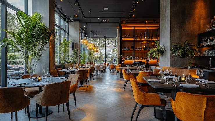 Photo intérieur de restaurant moderne avec des chaises en cuir brun, des tables en bois et des plantes