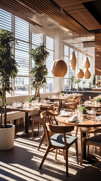 Intérieur de restaurant moderne avec des tables et des chaises en bois, de grandes fenêtres et un éclairage élégant