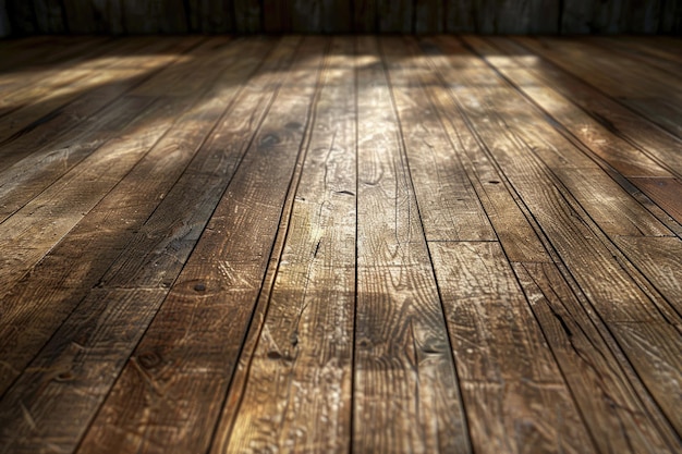 Intérieur rural vintage avec sol en bois sombre et lumière faible