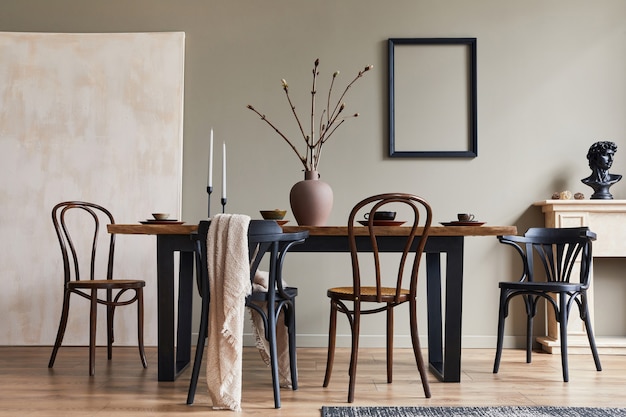 Intérieur rustique élégant de la salle à manger avec table en bois de noyer, chaises rétro, décoration, cheminée, fleur séchée, cadre photo chandelier et tapis dans un décor minimaliste.