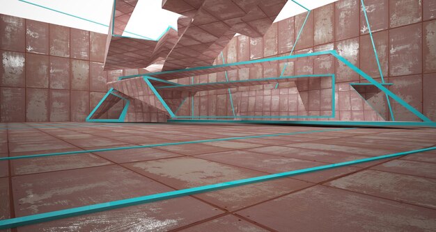 Intérieur de la salle abstraite vide de feuilles de métal rouillé Illustration 3D d'arrière-plan architectural