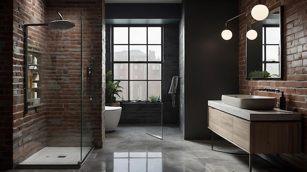 L'intérieur de la salle de bain au grenier avec des murs en brique, sol en béton, baignoire confortable