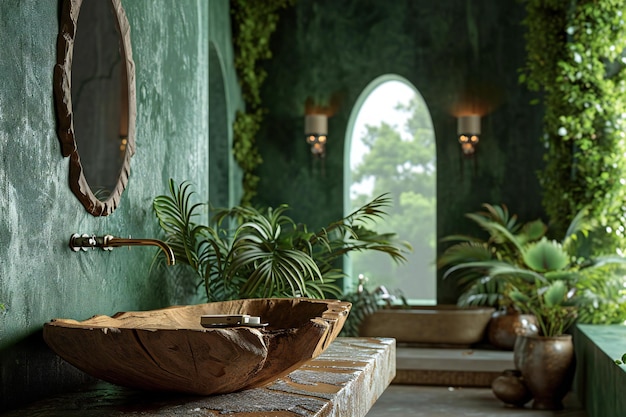Intérieur de la salle de bain avec baignoire en bois et mur vert