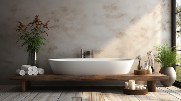 Intérieur de la salle de bain avec baignoire indépendante, vanité en bois et grandes fenêtres