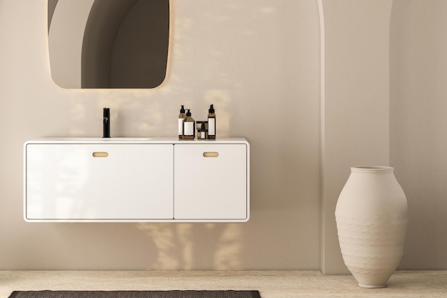Intérieur de salle de bain beige avec lavabo blanc et moquette sur sol en granit Accessoires de bain dans le rendu 3D du studio de l'hôtel