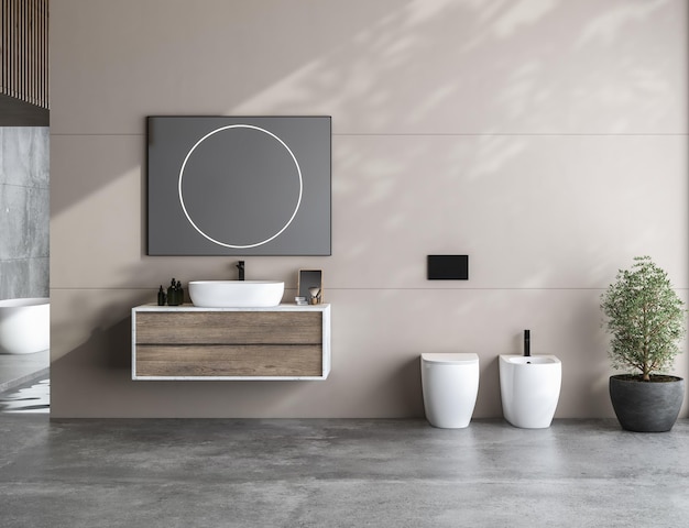 Intérieur de salle de bain beige avec sol en béton deux baignoires blanches et un évier vue latérale de l'usine de piscine intérieure Salle de bain minimaliste avec mobilier moderne et vue sur la ville rendu 3D