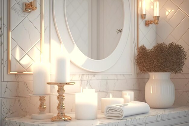 Intérieur de salle de bain blanc aux chandelles avec carreaux de marbre et accessoires sur les murs générative ai