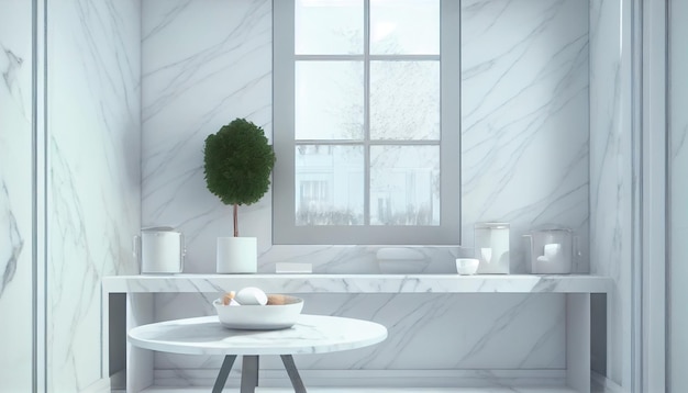 Intérieur de salle de bain blanc Dessus de table en marbre vide pour l'affichage du produit avec fond intérieur de salle de bain flou AI générative