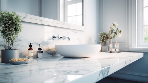 Intérieur de salle de bain blanc Dessus de table en marbre vide pour l'affichage du produit avec fond intérieur de salle de bain flou art numérique ai IA générative