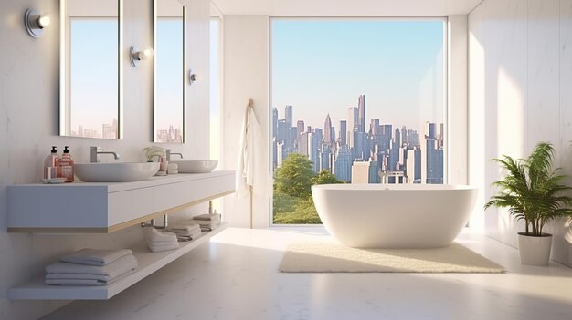 Intérieur de salle de bain blanc avec vue sur la ville Generative AI