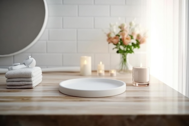 Intérieur de la salle de bain blanche Table en bois vide pour l'affichage du produit