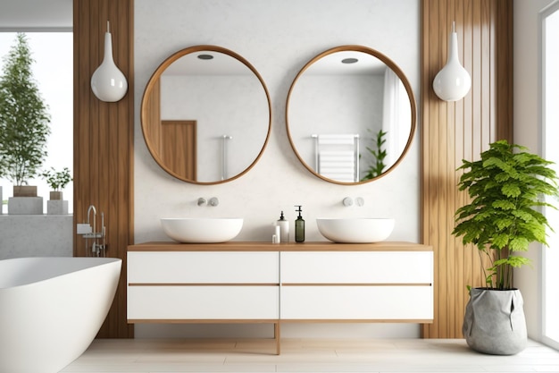 Intérieur de salle de bain en bois avec baignoire blanche double vasque et miroirs ronds simulés