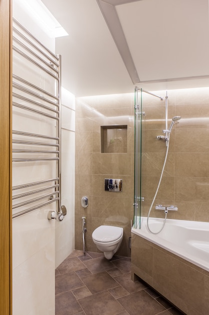 Intérieur d'une salle de bain combinée. Douche et WC encastré dans la chambre décorée de carreaux de céramique imitant le marbre. Il y a une douche sanitaire et un radiateur mural pour les serviettes.