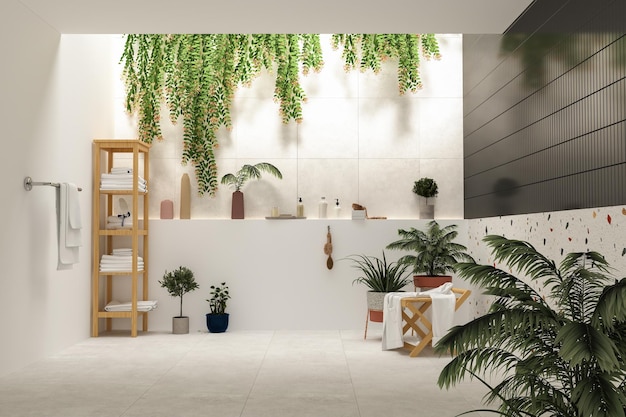 Intérieur de salle de bain confortable avec carrelage gris, baignoire noire, vanité noire et miroir carré, devant.