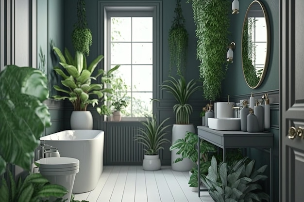 Intérieur de la salle de bain décoré de plantes vertes Salle de bain moderne et confortable