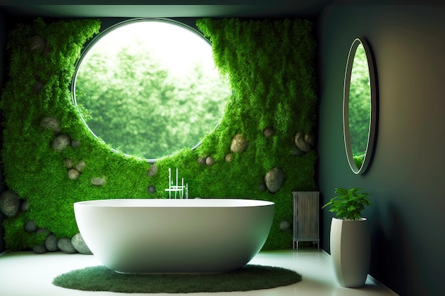 Intérieur de salle de bain écologique avec baignoire et murs verts