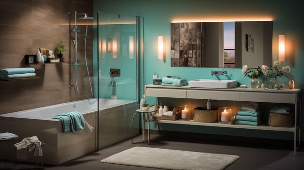 Photo l'intérieur d'une salle de bain élégante avec des murs en bois gris et sombre, un sol en bois, une baignoire confortable près de la fenêtre avec une vue floue sur la montagne et un double évier avec des miroirs ronds.