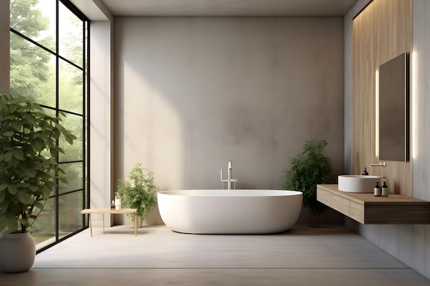 Intérieur de la salle de bain avec fenêtres ou portes, carreaux blancs et planchers en bois