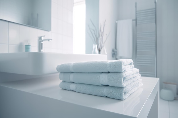 Intérieur de salle de bain flou moderne blanc avec IA bleu clair