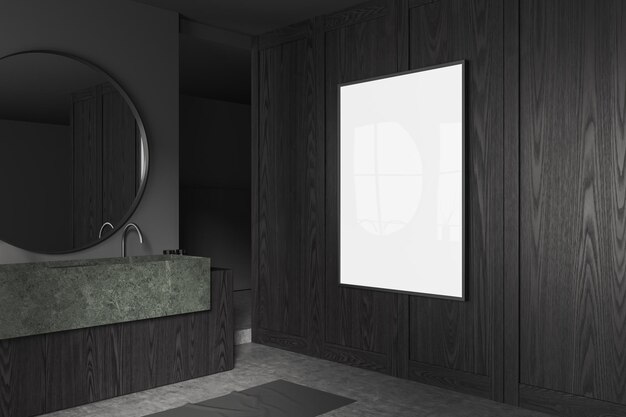 Intérieur de salle de bain gris avec lavabo et meuble en bois