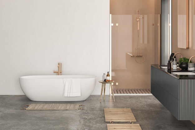 Intérieur de salle de bain de luxe moderne avec murs beiges, baignoire, double vasque avec miroir, douche.