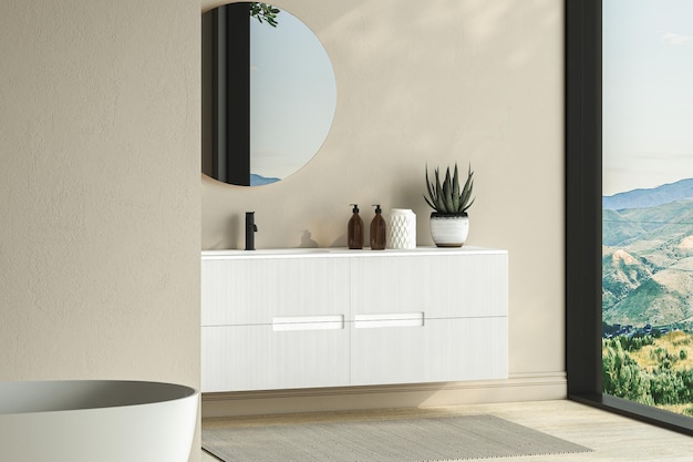 Intérieur de salle de bain minimal lumineux avec lavabo blanc et baignoire miroir ovale plantes sèches dans un tapis de vase sur sol en granit Accessoires de bain et fenêtre dans le rendu 3D du studio de l'hôtel