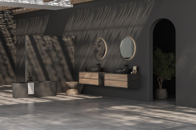 Intérieur de salle de bain minimaliste moderne armoires de salle de bain modernes double évier noir vanité en bois plantes d'intérieur accessoires de salle de bain baignoire murs noirs sol en béton rendu 3d