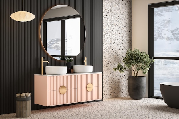 Intérieur de salle de bain minimaliste moderne meuble de salle de bain rose moderne évier blanc meuble-lavabo en bois plantes d'intérieur accessoires de salle de bain noir blanc panneau de baignoire mur sol en terrazzo rendu 3d