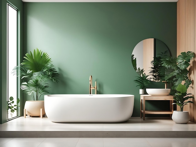 Intérieur de salle de bain minimaliste moderne meuble de salle de bain vert évier blanc vanité en bois Générer AI