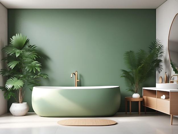 Intérieur de salle de bain minimaliste moderne meuble de salle de bain vert évier blanc vanité en bois Générer AI