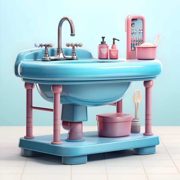 L'intérieur de la salle de bain avec miroir d'évier de baignoire bleu et bol de toilette