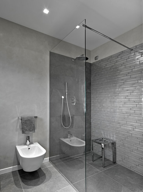 Intérieur de salle de bain moderne avec cabine de douche en verre et bidet à l'avant
