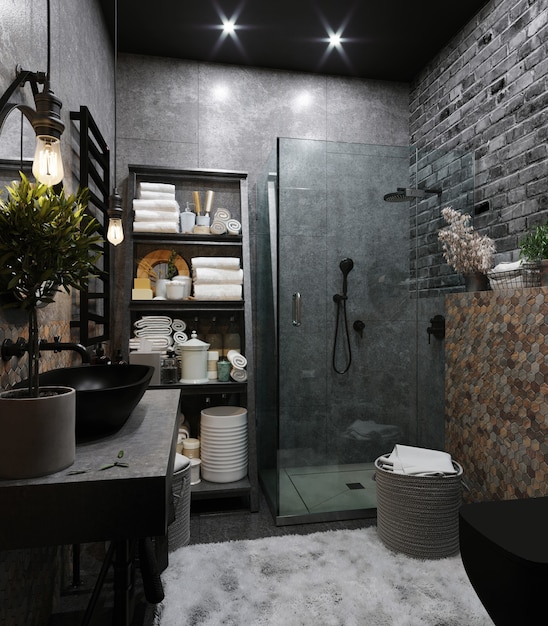 Intérieur d'une salle de bain moderne avec des carreaux hexagonaux marron et gris sur le mur. Rendu 3D
