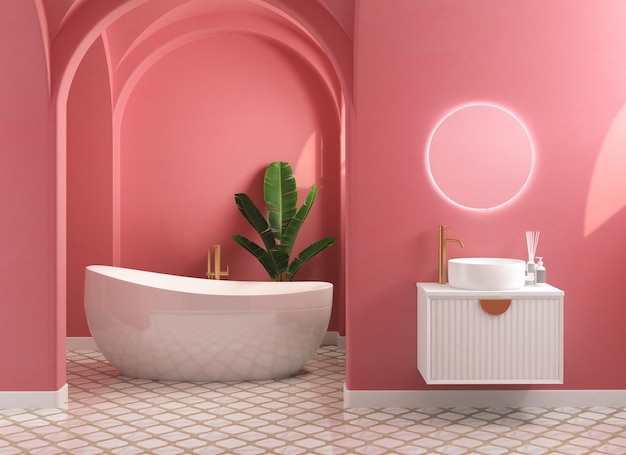 Intérieur de salle de bain moderne du milieu du siècle et minimaliste, concept de décoration corail, armoire de salle de bain moderne.