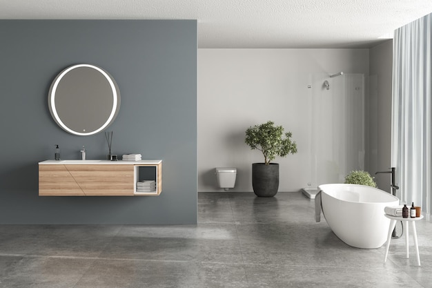 Intérieur de salle de bain moderne avec fond bleu sol en béton blanc baignoire douche. Rendu 3D