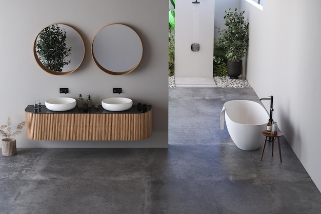 Intérieur de salle de bain moderne avec lavabo en marbre aux murs blancs avec baignoire à double miroir, douche en plein air et sol en béton gris Salle de bain beige minimaliste avec mobilier moderne rendu 3D