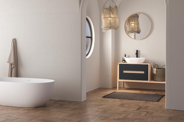 Intérieur d'une salle de bain moderne avec des murs blancs, une baignoire au sol en bois, des plantes sèches, un évier blanc posé sur un comptoir en bois et un miroir ovale suspendu au-dessus rendu 3d