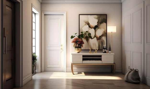 Photo l'intérieur d'une salle de bain moderne avec des murs blancs, un sol en bois, un canapé brun confortable et un miroir rond