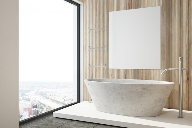 Intérieur de salle de bain moderne avec des murs en bois, un sol noir et une baignoire blanche avec une affiche suspendue au-dessus. Une vue de côté. maquette de rendu 3d