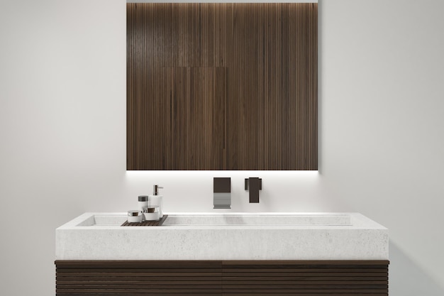 Intérieur de salle de bain moderne avec des murs en bois sombre et un lavabo avec un grand miroir suspendu au-dessus. maquette de rendu 3d