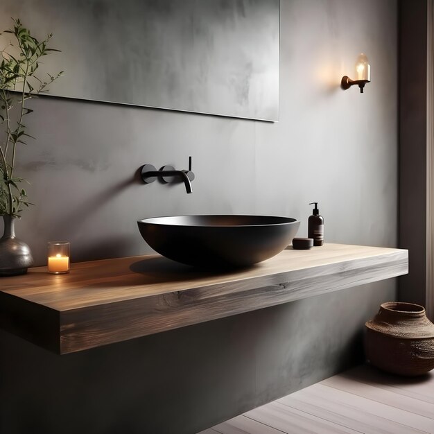 L'intérieur d'une salle de bain moderne avec des murs gris sol en bois baignoire noire confortable debout sur woo