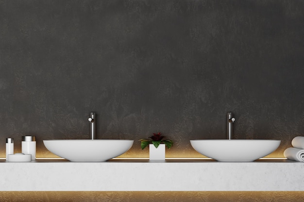 Intérieur de salle de bain moderne avec des murs noirs et un double lavabo sur une étagère blanche. rendu 3d, maquette