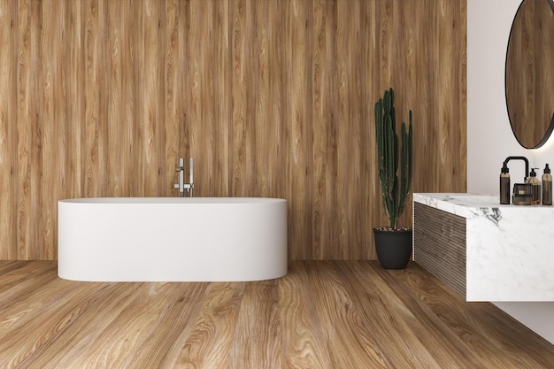 Intérieur de la salle de bain moderne avec murs, sol et plantes blancs et en bois, baignoire blanche confortable