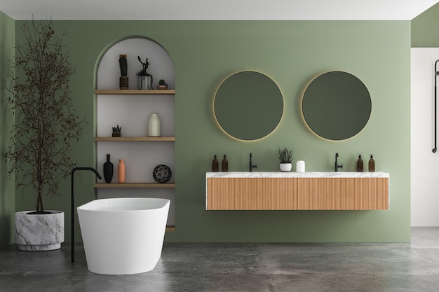 Intérieur de salle de bain moderne avec murs verts et blancs, espace douche, lavabo avec miroirs, baignoire.