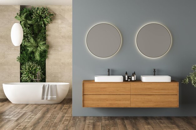 Intérieur de salle de bain moderne avec parquet de fond bleu et beige vue de face de l'usine de baignoire blanche salle de bain minimaliste avec mobilier moderne rendu 3D