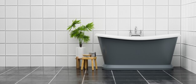 Intérieur De Salle De Bain Moderne Avec Produit De Bain De Baignoire De Luxe Et Plante D'intérieur Sur Mur Et Sol En Carrelage